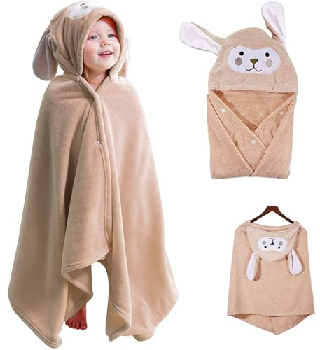HUANYO Kids Poncho Hooded Towel 33x59 Inches | Rabbit Design Bath & Beach Towel | Extra Large, Ultra Soft 100% Cotton | Quick Dry Bathrobe for Baby, Toddler, Boys & Girls (Brown)