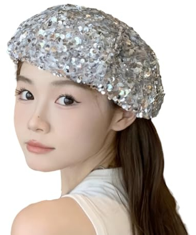 SamHeng Sequin Beret for Women Shining Glitter Hats Beanie Cap Ladies 80s Sequin Hats for Clubwear Dancing Party Halloween Cosplay Costume, Silver
