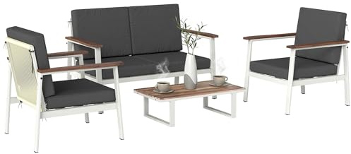 Outsunny Set Salotto da Giardino 4 Pezzi Divano 2 Posti Tavolino Grigio | Set di Mobili da Giardino, Legno di Acacia e Metallo, 2 Poltrone, Cuscini, Schienale Intrecciato, Salottino da Esterno