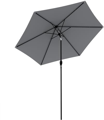 Outsunny Parasol de Jardin Extérieur Rond 2m, Inclinable à 30°, Manivelle, Mât en Aluminium, Toile 180 g/m², Anti-UV, Parasol Droit pour Balcon Piscine Terrasse, Gris Foncé