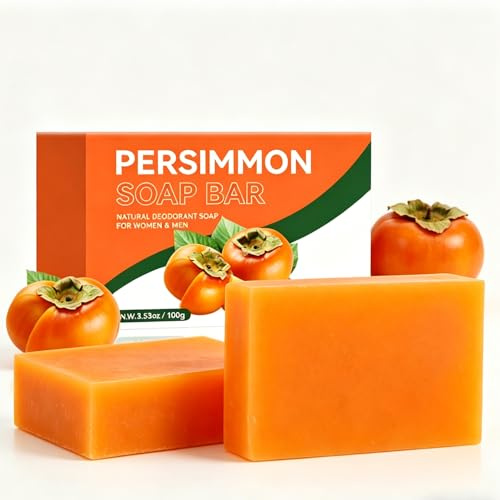 Kaki tvål – naturlig persimmon tvål för att ta bort kroppslukt, djuprengöring badtvål för ansikte och kropp, fuktgivande och ljusare naturtvål för män och kvinnor (2 st)
