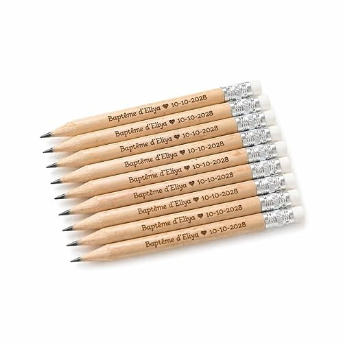 Générique Lot de 20 crayons à papier personnalisés gravés – Cadeaux invités baptême, mariage, baby shower – Texte au choix avec cœur – Crayons bois 10 cm