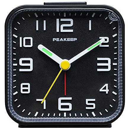 Peakeep 3D Numbers No Tick-Tock Analog Alarm Clock with Classic Beep Sound, Snooze, Manual Light and Battery Powered Small for Travel (Black-3D)