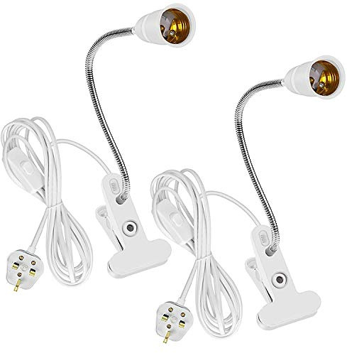 puliao 2 Pack Clip Desk Lamp Holder, 360° E27 Clamp LED Bulb Plant Light Holder Adjustable Light Base, UK Socket Plug Reading Light with On/Off Switch for Bedside Offices Garages Kitchens