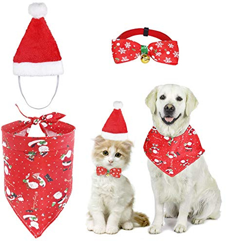 MELLIEX 3 Stück Weihnachten Katzenkostüm Hundekostüm mit Weihnachtsmütze Fliege Halsband Halstuch, Hunde Katzen Kostüm Zubehör Set