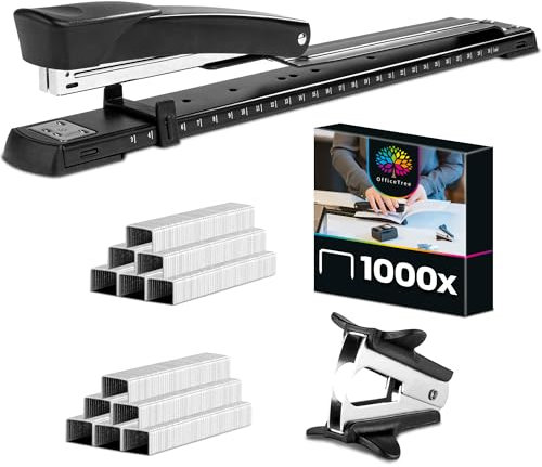 OfficeTree Langarmhefter - Tacker mit 1 Entklammerer & 1000 Tackernadeln - Langarmtacker Ideal für Broschüren - Großer Tacker Langarmhefter für DIN A3 Papier - Schwarzer Hefter mit Papierführung
