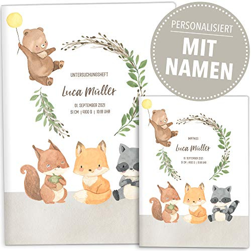 OLGS Personalisiertes U-Heft und Impfpasshüllen Set mit süßen Waldtieren Freunde - Ideal für Babies | Hüllen mit personalisierter Option für Namen und Geburtsdatum (Uhefthüllen personalisiert)