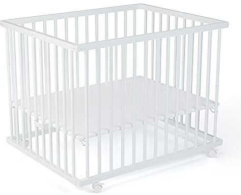 Laufgitter Baby Leon, 75x95 cm, 3-fach höhenverstellbar, schadstoffrei in Holz Weiß I Mobiler Laufstall faltbar mit gepolstertem Boden I Lawalu Absperrgitter Baby, Stubenwagen mit Rollen
