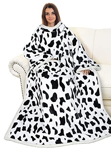 Catalonia Classy Decke mit Ärmeln als Geschenk für Frauen Herren, Flauschig Sherpa Kuscheldecke mit Ärmel, Cozy Ärmeldecke Warm Decke zum Anziehen Erwachsene, 185 x 140 cm Kuh-Druck
