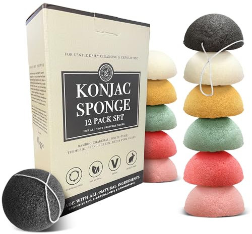 Bare Essentials Living - Konjac Sponges Set (12 Pack) with Activated Bamboo Charcoal Facial Sponge, Natural, Great for Facials, Bath, and Exfoliating Body Sponge