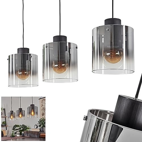 Pendelleuchte Wichita,moderne Hängeleuchte aus Metall/Rauchglas in Schwarz/Rauchfarben,Pendellampe mit Schirmen aus Echtlas/Rauchglas (Ø 19,5 cm),Höhe max. 120 cm, 3-flammig, E27, ohne Leuchtmittel