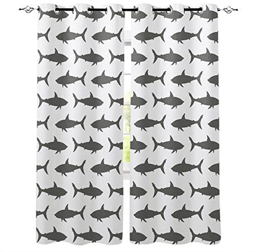 MTBDDyyds Verdunkelungsvorhänge 3D Drucken 160X115Cm Grau Hai Tier Verdunklungsvorhänge Kinderzimmer 2 Stück Vorhang Blickdicht Ösenschal Kindergardinen Junge Verdunklungsgardine