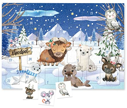 Papierdrachen Calendario dell'Avvento con tatuaggi per bambini da incollare, tatuaggi con animali invernali, calendario di Natale per bambini, vegano, set 3 animali invernali