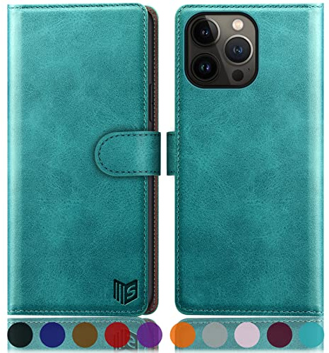SUANPOT for iPhone 14 Pro 6.1 inch case with [Credit Card Holder][RFID Blocking],PU Leather Flip Book Protective Cover Women Men for Apple 14 Pro Phone case Blue Green