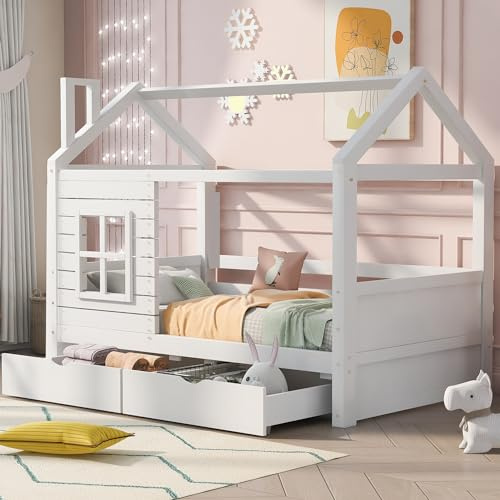 KecDuey Cama infantil de 200 x 90 cm, con protección anticaídas, de madera, versátil, para niños y niñas, con protección anticaídas, color blanco, 90 x 200 cm