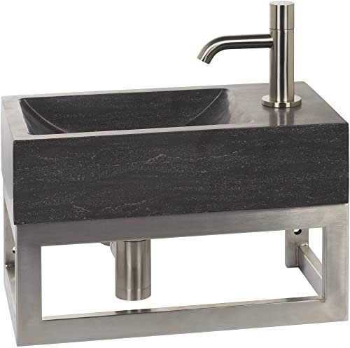 Ben Venetia Brunnen-Set mit Armatur in Edelstahl und Handtuchhalter Rechts aus Naturstein - Waschbecken für Unterschrank, Waschtisch für Gäste WC