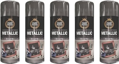 HitlineUK 5 x 400ml Metallic Gun Metal Grey Spray Paint Interior & Exterior Spray Brilliant Gloss Finish Quick Drying