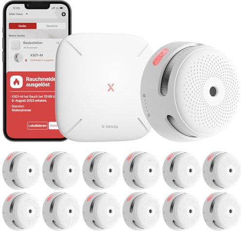 X-Sense Detector de Humo WiFi, Alarma de Incendio Inteligente con Notificaciones App y Silencio Remoto, Certificado EN 14604, 5 Años de Autonomía, Pila Sustituible, FS121 (12 Detectores y 1 Base)