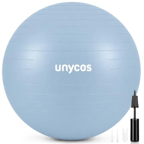 unycos - Gymnastikball 75 cm Sitzball Trainingsball für Yoga, Fitness, Medizinball, Balance Ball, Core Training Strength, Pilates-Ball | Inkl. Pumpe, BPA-Frei, Anti-Burst (Hellblau mit Logo)