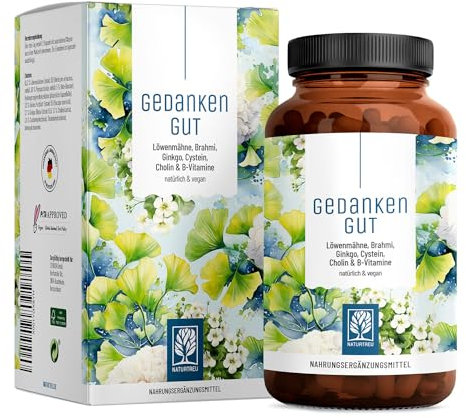 NATURTREU® Gedankengut Löwenmähne Pilz & Ginkgo Biloba Komplex - mit Brahmi-Extrakt Cholin & L-Cystein - 120 Kapseln vegan mit 30% Polysaccharide und 5% Beta-Glucane