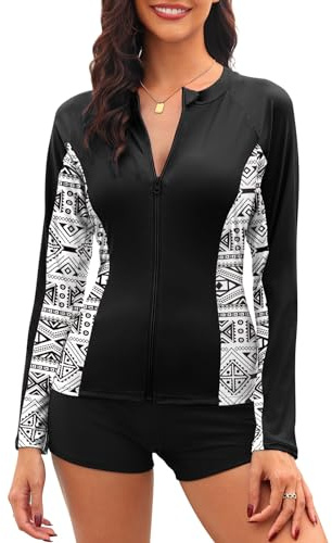 Tuopuda Camiseta de natación para Mujer Traje de baño de Manga Larga con Cremallera Camiseta de Surf Protección Solar Surf Rashguard Camisetas Deportivas de Secado Rápido(Negro,XL)