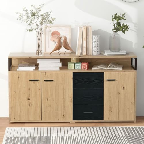 KOMHTOM Sideboard Aufbewahrungsschrank mit DREI Türen und DREI Schubladen, Kommode mit Metallgriffen Moderner Mehrzweckschrank für Wohnzimmer Schlafzimmer Esszimmer