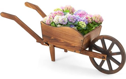 Beeveer Holzwagen Pflanzkasten Garten Pflanzkasten mit Wagenrädern Blumenwagen für Terrasse Garten Balkon Dekorative Terrasse Blumen Kräuter Gemüse für Indoor Outdoor Dekor Braun (Rustic)