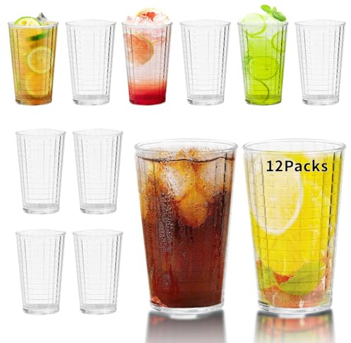 12PCS Vasos Melamina Vasos Plastico duro Reutilizable, Vasos de Agua | Transparente de 350ml para Niños, Vasos Melamina Acrílicos Irrompibles, Vasos Plastico Duroapilables (12 unidades, 280 ml)