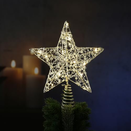 LED Weihnachtsbaumspitze Stern mit Perlen Christbaumspitze Tannenbaumspitze (Silber)