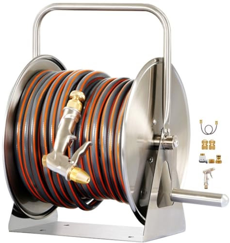 Carrello avvolgitubo in acciaio inossidabile resistente per giardinaggio robusto rack di stoccaggio per tubi domestici con ruote avvolgitubo da giardino all'aperto per una facile conservazione e