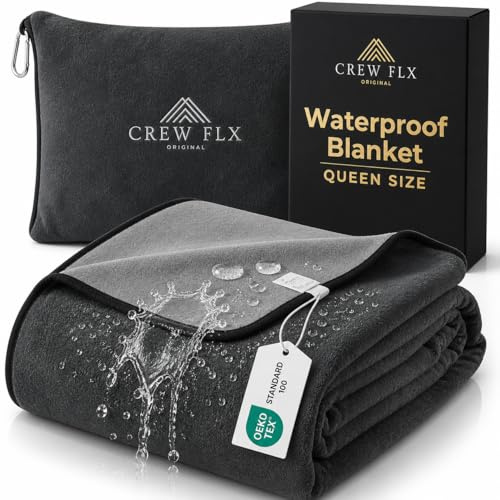 CREW FLX Waterproof Blanket for Bed (80x60 Queen Size) Reversible Plush Fleece, Moisture Absorbent TPU Layer Stain Proof Couch Bed Mattress Water Proof Cover Light/Dark Gray