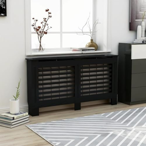 Tidyard Cache-radiateur Noir 152x19x81,5 cm MDF, Couvercle de Radiateur, Dessus Lisse Cache Radiateur pour Salon, Chambre à Coucher, Cuisine, Bureau Style B