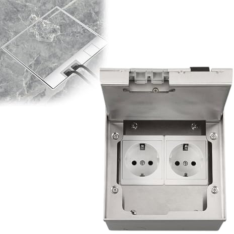 Bodensteckdose, Einbausteckdose mit 2/3 EU Standard Steckdosen, Versenkte Steckdose aus Edelstahl, Wasserdichte Bodensteckdose Innen für Küche, Wohnzimmer, Büro (2 Steckdosen)