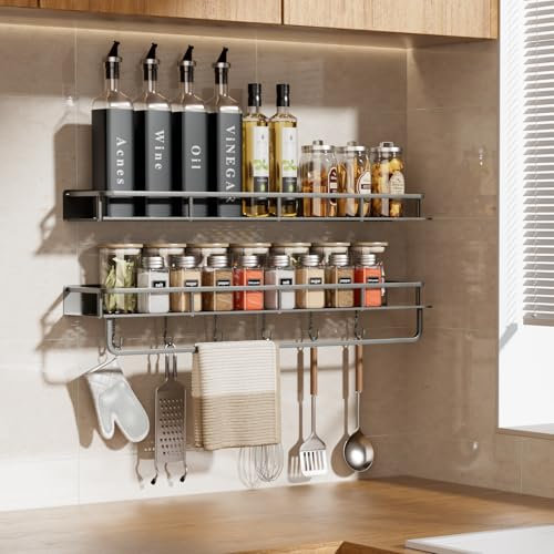 devesanter spice rack wall 2 pack 60cm with 6 hooks no drilling required hanging kitchen shelf for spices wall-mounted on cupboard door for kitchen(Gray)