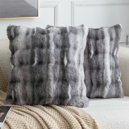 Madizz 2er Set Sanft Plüsch Kurze Wolle Samt Dekorativ Zierkissenbezüge Luxus Stil Kissenbezug für Sofa für Schlafzimmer Dunkelgrau 45x45 cm