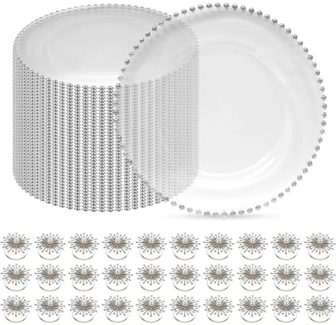 Clear Acrylic Charger Plate Set with Silver Beaded Rim & Pearl Diamante Napkin Rings – Elegant Table Dining Decor for Weddings, Dinner, Party, Banquets & Special Events - 100 Pieces
