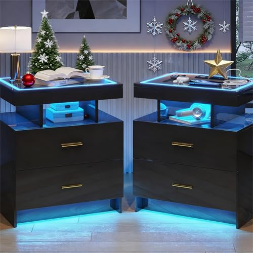 Gurexl Set of 2 LED Bedside Table with Wireless Charging Station, Glass Top Bedroom Smart Nightstand with Smart Night Stand with 2 Drawers Modern Bedside Table for Bedroom, Living Room(Black)