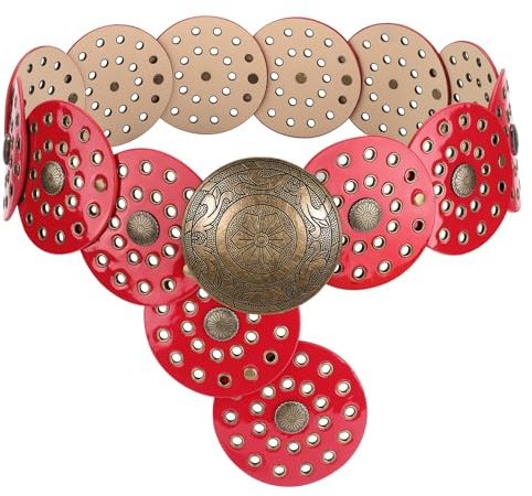 LEACOOLKEY Damengürtel Boho Disco Breiter Western Gürtel aus Leder Concho für Kleidung Jeans
