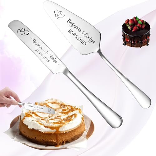 Personalisiertes Hochzeitstortenmesser- und -heber-Set, Individuelles Tortenservierset, Hochzeitstorten-Schneideset, Personalisiertes Geschenk zum Jahrestag, Geburtstag oder Weihnachten (Silber)