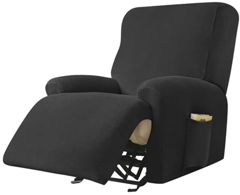 LOMDEM 1 Sitzer Stretchhusse für Relaxsessel Komplett Sesselschoner für Recliner Chair, Einfarbig Sesselbezug mit Taschen Wohnzimmer Elastisch Bezug für Fernsehsessel, 5# Schwarz