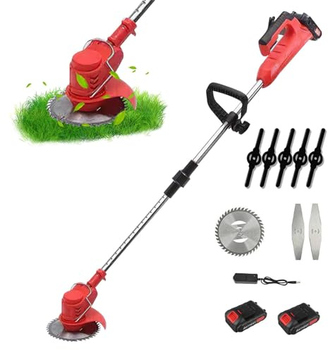 Desbrozadora eléctrica inalámbrica, corte con borde inalámbrico con 2 baterías, con 3 tipos de cuchillas, 21 V, 850 W, corte borde, 90 – 125 cm ajustable, retráctil ligero para corte de jardín, césped