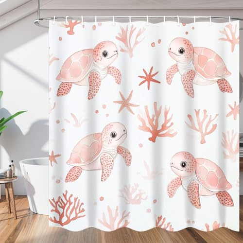 Mexpekil Duschvorhänge mit 12 Haken, Wasserfarben, Motiv: rosa Schildkröten, Koralle, wasserdicht, Badvorhang für Badewanne, Duschkabine (122 x 183 cm)