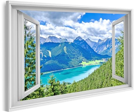 islandburner Bild auf Leinwand Offenes Fenster mit Blick auf Alpenlandschaft Bilder Wandbilder Poster
