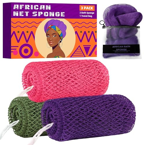 African Net Sponge 3 Pack with Travel Bag (Purple/Pink/Green)