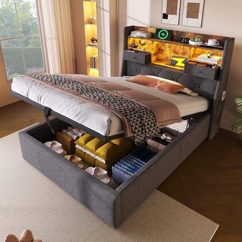 Oxtao Cama tapizada de 90 x 200 cm, con iluminación LED y estación de carga USB, cama individual con espacio de almacenamiento hidráulico, cabecero de almacenamiento, tela de lino (gris A sin colchón