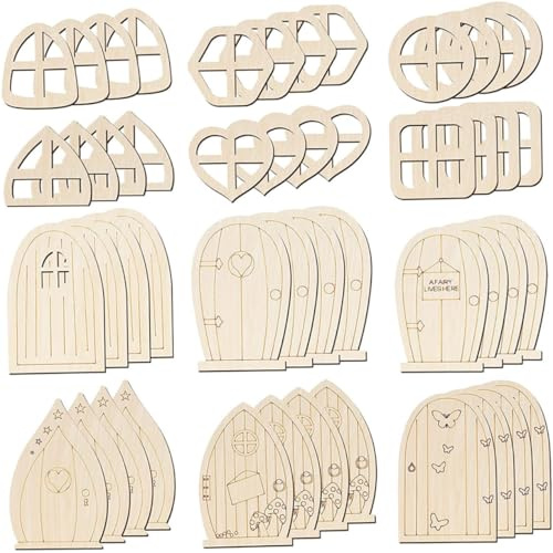 Kisangel Puerta De Hadas De Madera para Jardín DIY, 48 Piezas Pequeñas Blanco Sin Pintar, Chips De Bricolaje para Manualidades Infantiles, Decoración Creativa para Casa De Hadas