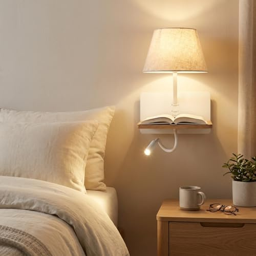 B·LED BARCELONA LED - Aplique de pared para lectura Artin USB+ USBC - Con foco LED orientable y puerto USB + USBC - E27 + 3W - Blanco Cálido | Pantalla tela beige,estante madera natural,aluminio blanco,cabecero dormitorio,hoteles,doble interruptor,luz cálida 2700K
