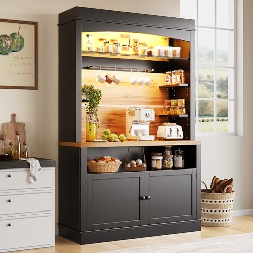 A ALFRESCOOL Armadietto da cucina con ripiani e scaffali aperti, 107 x 43 x 184 cm, alto con illuminazione a LED, armadio a buffet, vetrina, credenza, armadietto (nero)
