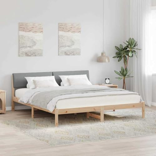 QJBSAVVA Bettgestell 180x200 cm Kiefer Massivholz Braun Hellgrau Modernes Plattformbett mit Kopfteil 214 x 185,5 x 78,5 cm Robustes Doppelbett ohne Boxspring für Schlafzimmer Gästezimmer