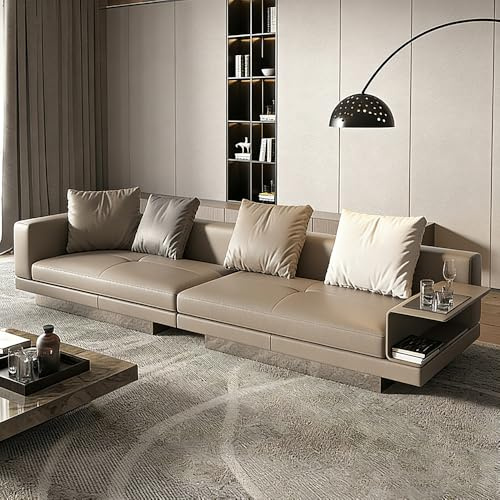Italiensk ljus lyxig enkel ljusgrå lädersoffa, rymlig och mjuk soffa med massiv träram, modern stor storlek, lämplig för vardagsrum/kontor/lägenhet.
